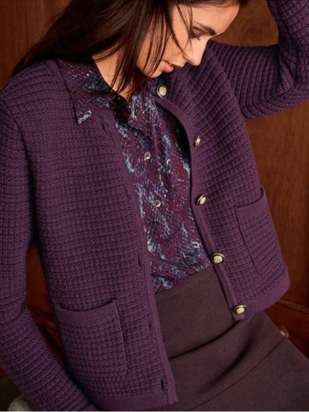 CAbi Sweater Jacket Plum Textured Knit Cardigan with Gold Buttons